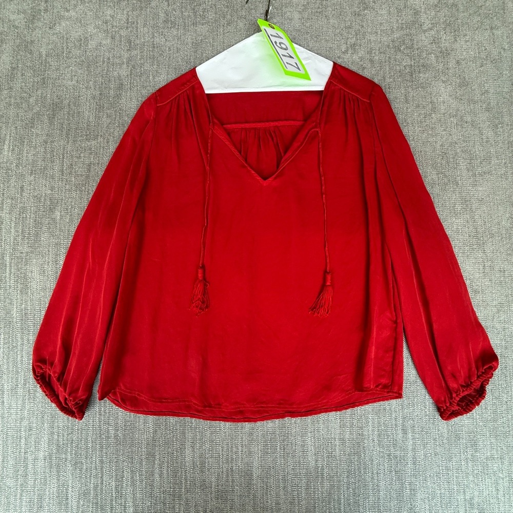 Womens Peasant Top Red Silk Tassel V-Neck Long Sleeve Luxury Boho Gathered Back